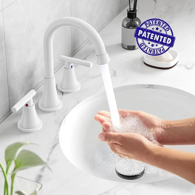 Bathroom Faucets for Sink 3 Hole, Hurran White Bathroom Sink Faucet with Pop-up Drain and Supply Lines, Stainless Steel Lead-Free Widespread Faucet for Vanity RV Farmhouse Sink