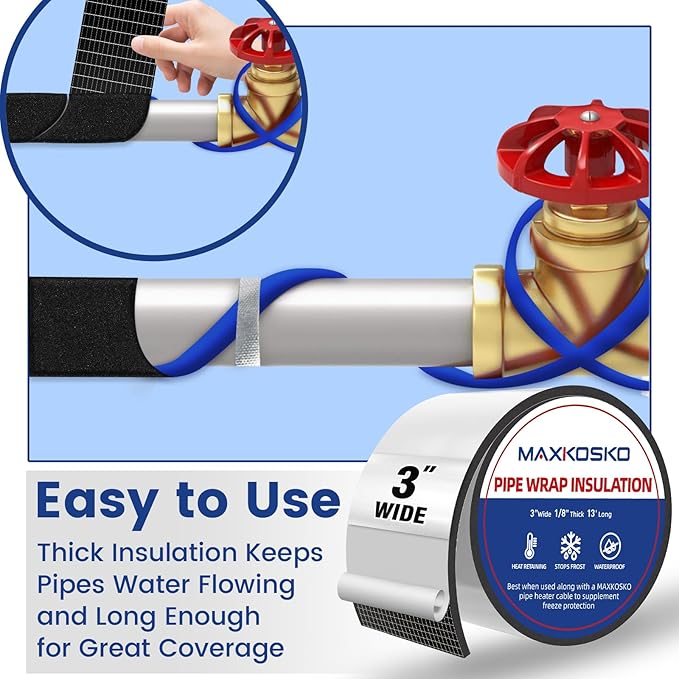 MAXKOSKO Pipe Insulation Tape, 13 Ft x 3 in Outdoor Water Pipe Wrap Insulation Roll, Foam Insulated Wrap Self-Adhesive for Pipe Freeze Protection, Heat Tape for Water Pipes, Copper PVC AC Line