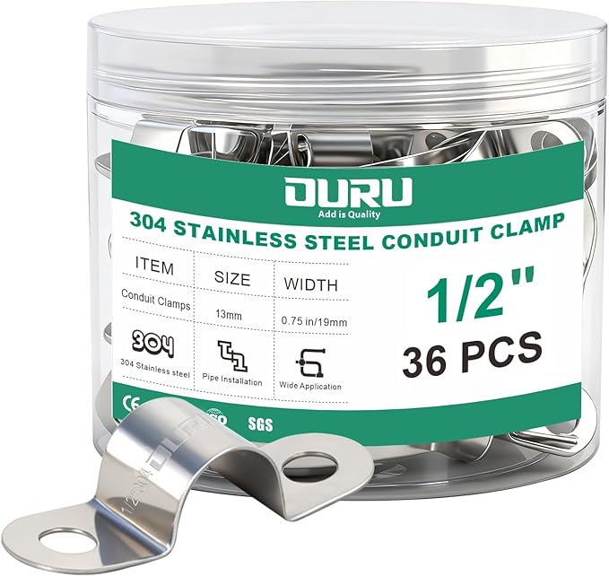 36pcs 1/2 Inch Conduit Clamp 304 Stainless Steel, Rigid Metal Pipe Clamp U Bracket, 2 Holes Pipe Strap for Automotive, Wire & Tube