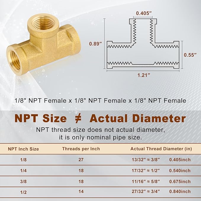 2pcs 1/8" Brass Tee Fittings 1/8" NPT Female Pipe to 1/8" NPT Female Pipe to 1/8 Inch NPT Female Brass Barstock Street Tee Pipe Fittings 3 Way Forged Brass Fittings