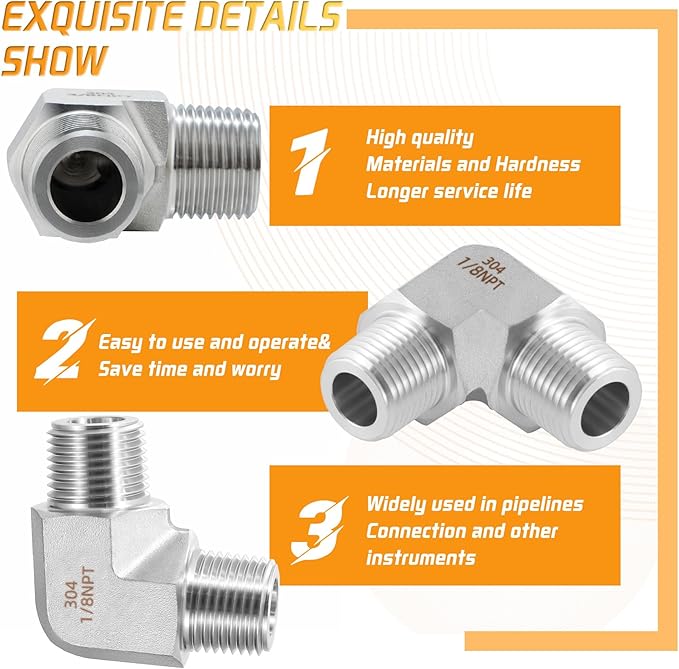 Stainless Steel Pipe Fitting 90 Degree Barstock Street Elbow 1/8" NPT Male x 1/8" NPT Male 2 Pack