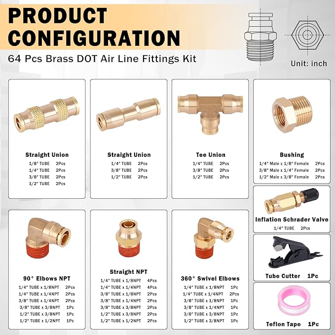 CheeMuii 64 Pcs Brass DOT Air Line Fittings Kit Push Lock & Quick Connect Fittings NPT Thread for Air Line Air Hose Pneumatic Tubing
