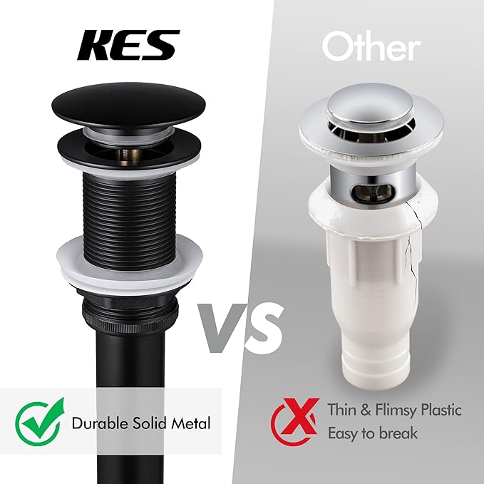 KES Bathroom Sink Drain Without Overflow Sink Drain Stopper Matt Black Pop Up Drain, All Metal Rustproof Brass and 304 Stainless Steel, S2008D-BK