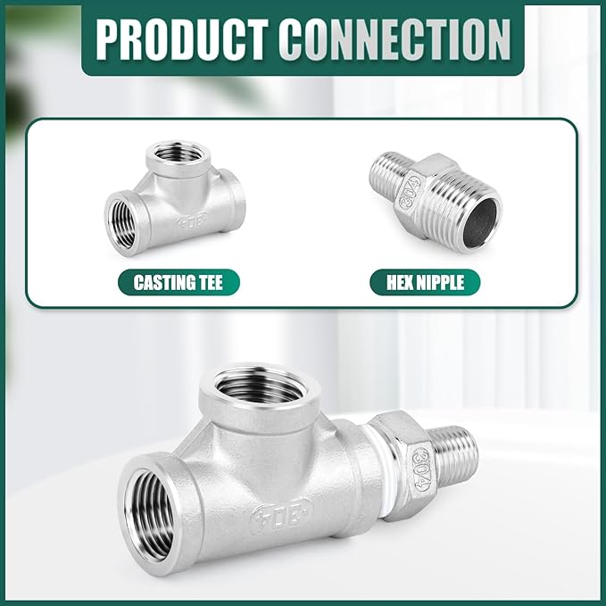 5PCS 304 Stainless Steel Reducing Hex Nipple, 1/2" x 1/4" Male NPT Straight Head Pipe Adapter Fittings, Reducer Nipples Connectors for Oil, Water Line, Gas