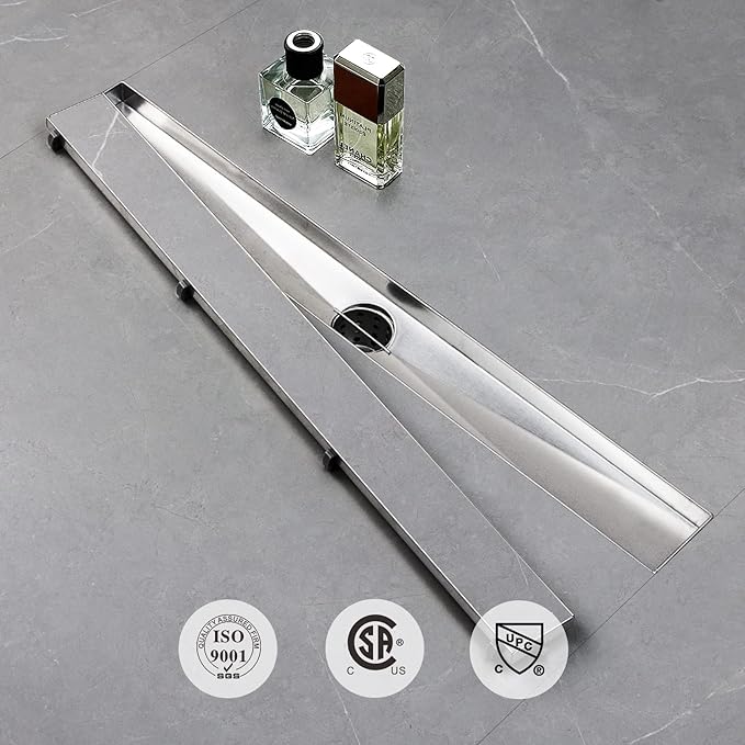 SaniteModar Linear Shower Drain, Shower Drain 54 inch with Flat & Tile Insert 2 in 1 Panel, Brushed 304 Stainless Steel Linear Drain with Hair Strainer and Leveling feet