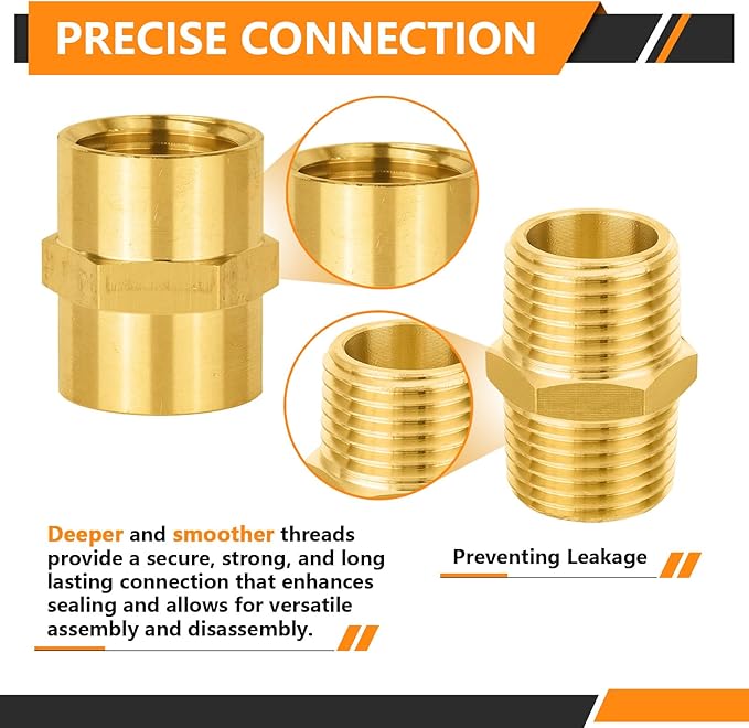 10-PCs HeSun Brass Pipe Fittings Combo, 5-PCs 1/2" NPT Male + 5-PCs 1/2" NPT Female Hex Nipple Adapter