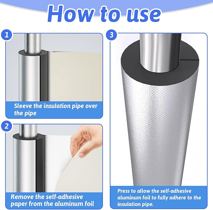 8 Pack Pipe Insulation Foam Tube, 3/4'' Self Adhesive Pre Slit Foam Pipe Covers Polyethylene with Aluminum Foil for Spigot, Winter Outside Pipes, Sprinkler, Water Heater Pipes Freeze Protection
