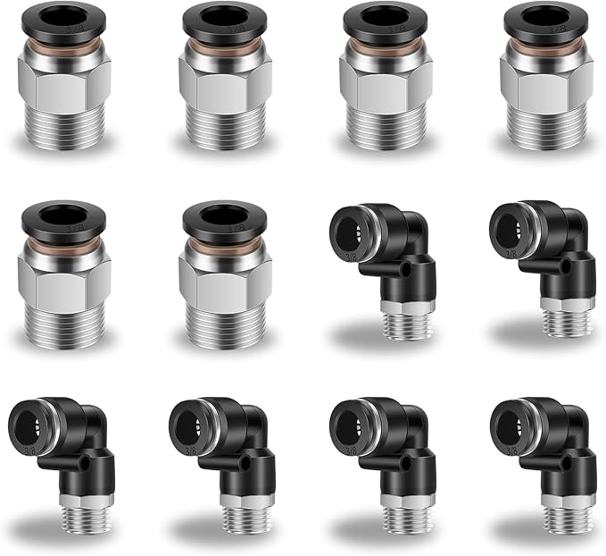 12 Pcs Push to Connect Fittings 3/8 Inch Tube OD x 3/8 Inch NPT Thread Pneumatic Male Straight and Elbow Quick Connect Air line fittings