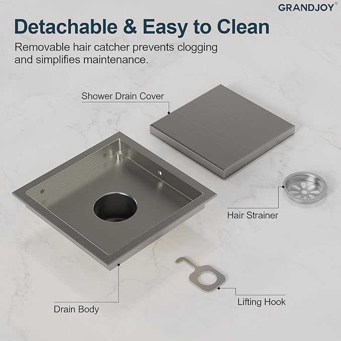 6 Inch Square Shower Floor Drain, Brushed Nickel SUS304 Stainless Steel Grid Grate with X-Shaped High Flow Channel, Anti-Clogging Hair Strainer, Standard 2" Outlet