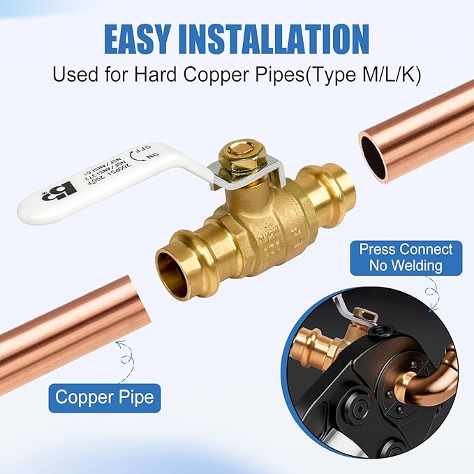 (Pack of 2) BH 3/4" Pro Press Ball Valve with EPDM O-ring, Fittings to Press into 3/4" Copper Tubing Connection, BH Brass 2pcs