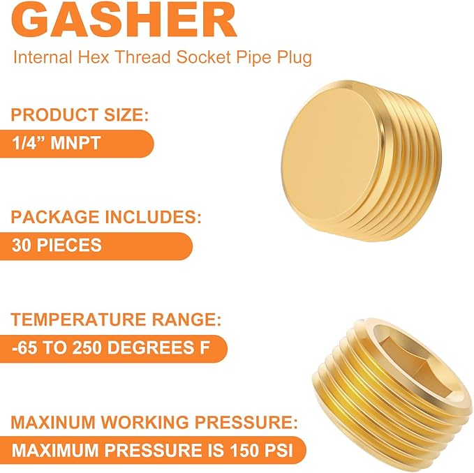GASHER 30Pcs Brass Hex Plug Pipe Fitting, 1/4" NPT Male Pipe Plug Fitting For Closing The End Of Pipe