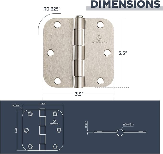 Door Hinges 18 Pack Satin Nickel Hinges 3.5 Inch Interior Hinges 5/8" Radius