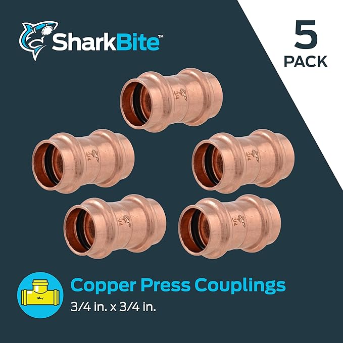 SharkBite 3/4 Inch Coupling, Copper Press Plumbing Fitting, Pack of 5, UPR016X5