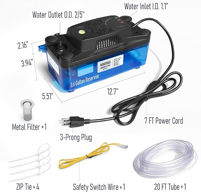 1/30 HP 132 GPH 20 FT Lift Transparent Condensate Pump for HVAC with 20 FT Tubing, 115V/230V Condensation Removal Pump with Safety Switch for Air Conditioner, Bolier, Furnace, Dehumidifier, Ice Maker