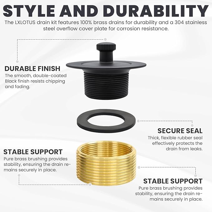 Matte Black Bathtub Drain Kit - Lift and Turn - Black Tub Drain and Overflow Cover. Universal Fit 1-3/8" and 1-1/2"