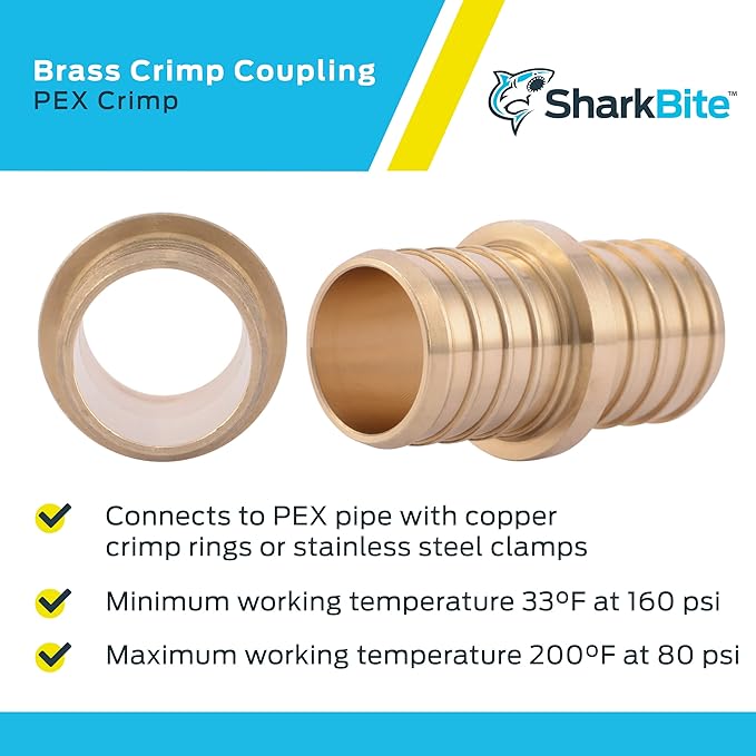 SharkBite 1 Inch Crimp Coupling, Pack of 10, Brass Plumbing Fitting, PEX Pipe, PE-RT, UC020LF
