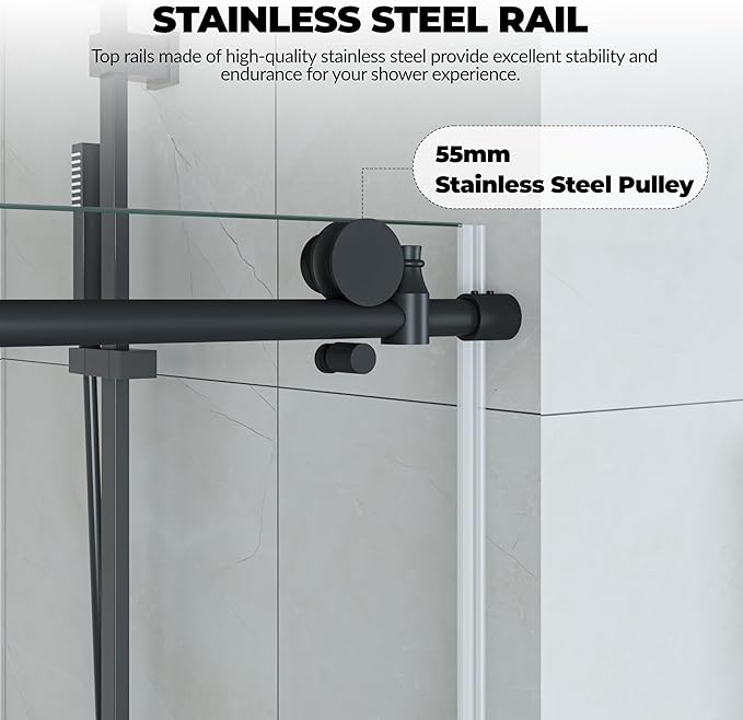 Semi-Frameless Sliding Shower Door - 56 to 60 Inch Adjustable Width x 76 Inch High, 6mm Coated Tempered Glass with Easy Clean, One Fixed & One Sliding Panel, Stainless Steel Round Rail, Matte Black