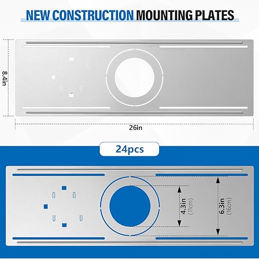Blulu 24 Pcs New Construction Mounting Plate 4/6 Inch LED Recessed Lighting Kits for LED Bar Light Mounting with Notches Housing Flat Steel Rough in Bracket Fixture