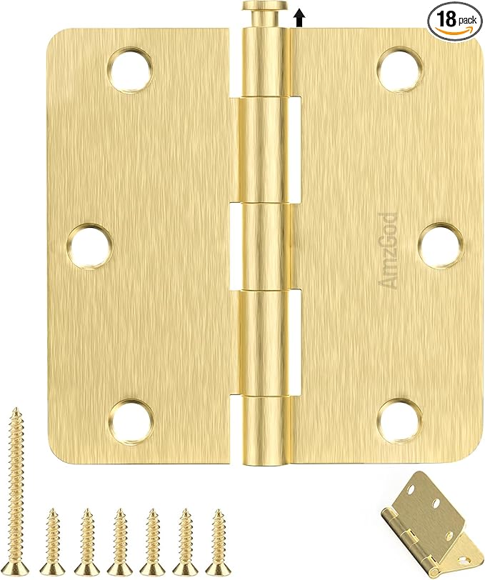 Door Hinges Satin Brass - 18 Pack Gold Door Hinges 3.5 Inch Rounded Interior Door Hinge with 1/4" Radius - 3 1/2 Inches Flat Iron Brass Hinges for Residential Standard Doors