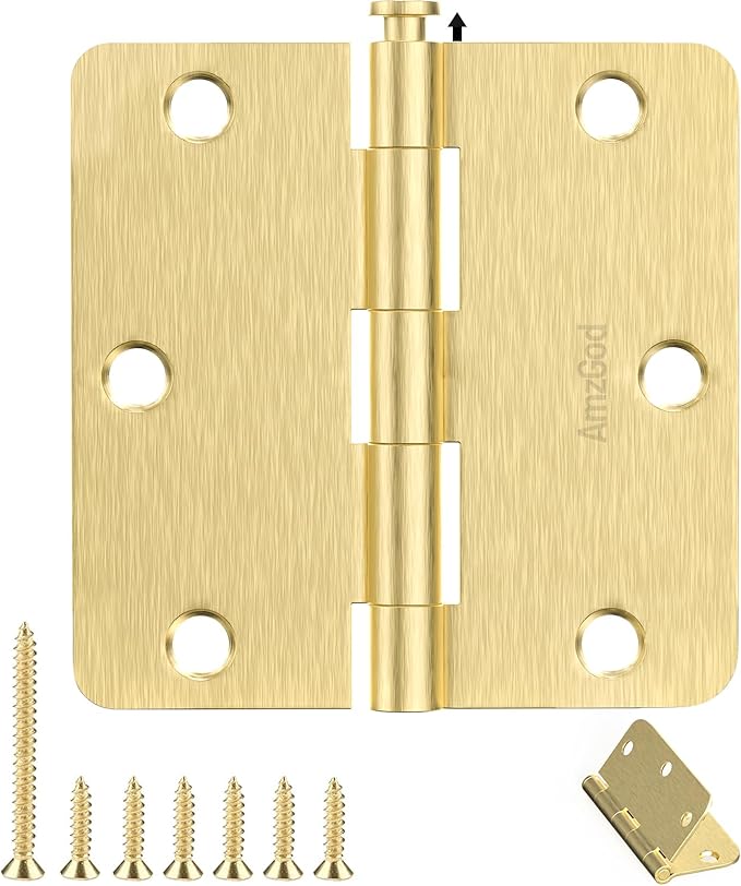 Door Hinges Satin Brass - 42 Pack Gold Door Hinges 3.5 Inch Rounded Interior Door Hinge with 1/4" Radius - 3 1/2 Inches Flat Iron Brass Hinges for Residential Standard Doors