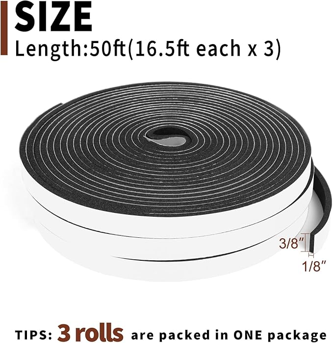Yotache Foam Tape 3/8" x1/8", Weather Stripping for Doors and Window High Density Foam Seal Tape Sliding Door Weather Strip, 3 X 16.5 Ft Each, Total 50 Feet Long