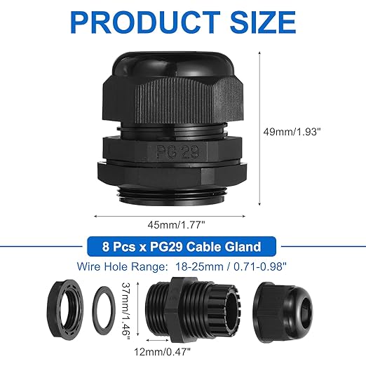 MECCANIXITY 8 Pcs PG29 Cable Gland, 18-25mm Wire Hole Strain Relief Joint for Cable Fixing, Wiring, Repairing, Gland Replacement, Electrical Appliances, Black