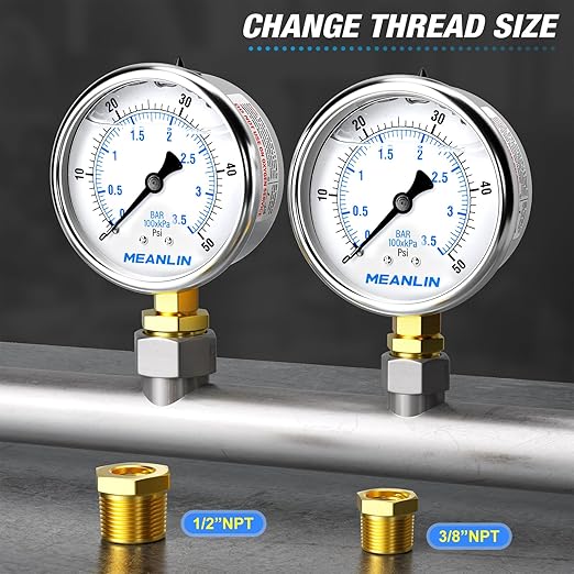 MEANLIN MEASURE 0~50Psi Stainless Steel 1/4" NPT 2.5" FACE DIAL Liquid Filled Pressure Gauge WOG Water Oil Air Lower Mount, with 1/2" NPT and 3/8" NPT Hex Bushing