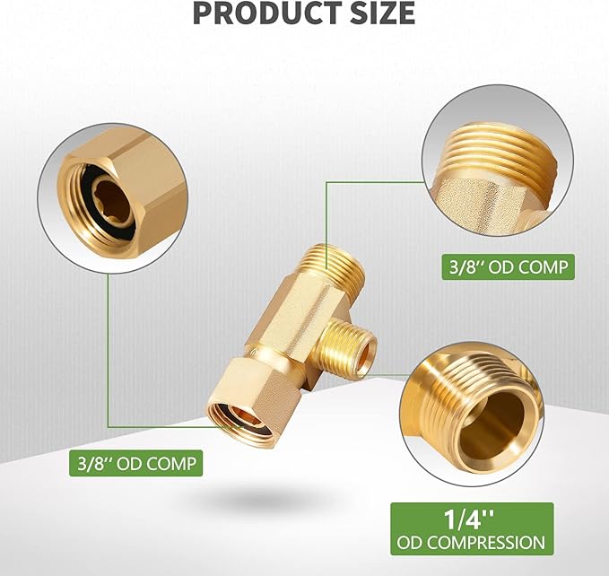 Lead-Free 4 PCS Brass Angle Stop Add-A-Tee Valve 3/8" Female by 3/8 Inch by 1/4-Inch Male T Extender Water Compression Easy Connect Tee (Pack of 4)