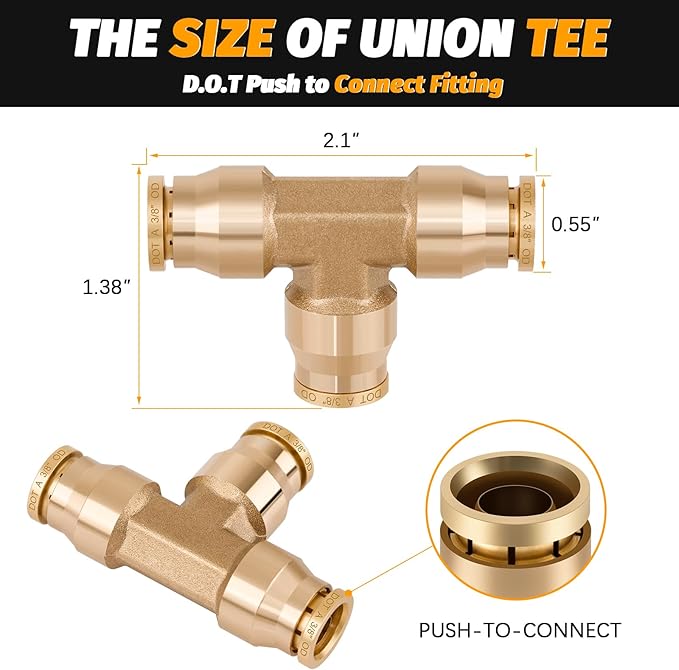 4PCS 3/8" Tee Union DOT Air Fittings，3 Way Tube Air Line Adapter Quick Push to Connect Fittings Brass Union Tee for Car Truck Trailers and Air Brake System
