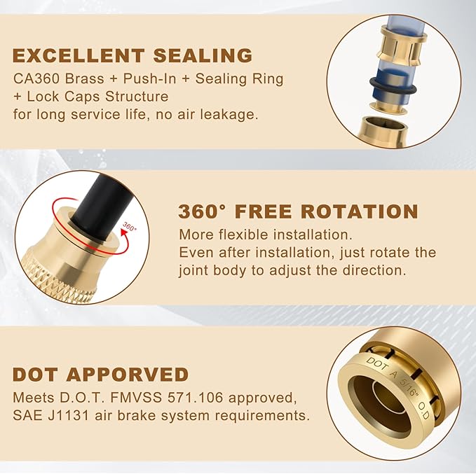 5/16" Quick Push to Connect Fittings Brass Union Straight Joint DOT Approved 5/16 inch tube OD Air Line Adapter Air Spring Suspension Kit for Car Truck Trailers and Air Brake System 10pcs