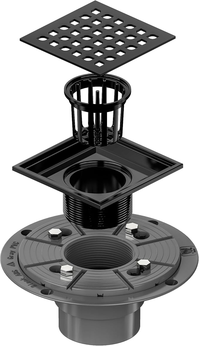 Neodrain Square Shower Drain,4 inch Black Stainless Steel 304 Grate and PVC Drain Body, Grate with Kit Includes Hair Trap/Strainer,Lifting Hook and PVC Drain Base