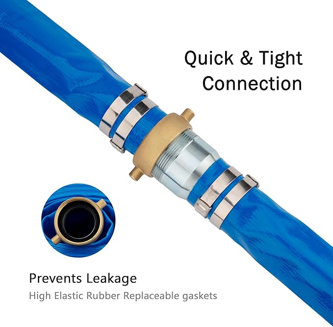 DAVCO 3" ID x 50 ft Pool Backwash Hose, Heavy Duty Reinforced Blue PVC Lay Flat Water Discharge Pump Hoses For Swimming Drain Pools and Clean Filters, with Brass NPT Pin Lug and KC Nipple Fittings
