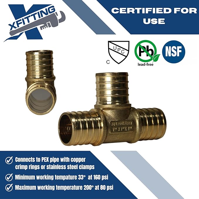 XFITTING 1 inch x 1 inch x 1 inch Pex Tee, Pex B Crimp Version 23-1-3=5X, 5 Pieces