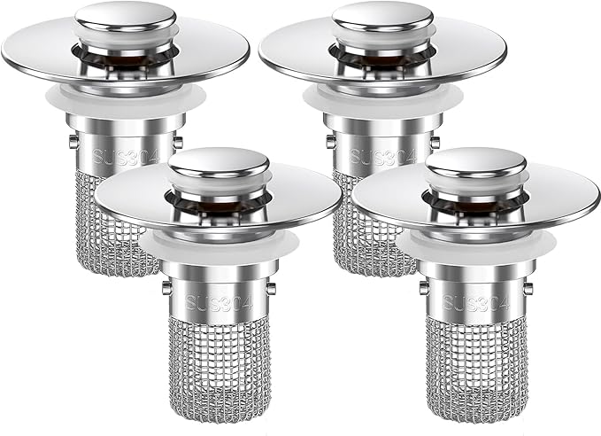 Sink Stopper Hair Catcher, Pop-up Sink Drain Strainer with Removable Stainless Steel Strainer Basket Hair Catcher, Bathroom Sink Strainer for Bathroom Sink Stopper Replacement(4PCS)