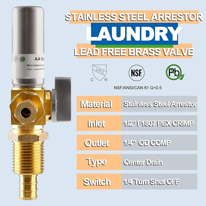 Ice Maker OutLet Box With Stainless Steel Water Hammer Arrestor,1/2 Inch F1807 Pex Crimp Inlet x 1/4 Inch OD Compression Outlet,1/4 Turn Vavle Outlet Box For Refrigerator,Water Dispenser