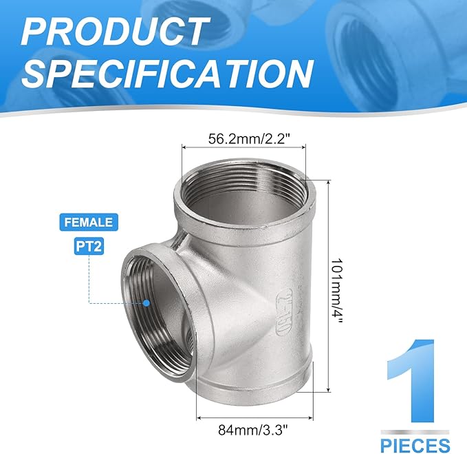 uxcell 304 Stainless Steel Tee Pipe Fittings G2" Female Tee Adapter 3 Way t Shaped Cast Pipe Fitting Connector with Seal Tape for Plumbing Drainage Pipes Heating Systems
