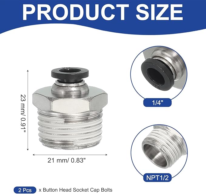MECCANIXITY 2 Pcs NPT Push to Connect Air Fittings, Male Straight 1/4" Tube OD x 1/2" NPT Thread Air Quick Connector Coupling Adapter for Gas Hose Pneumatic Tools, Black