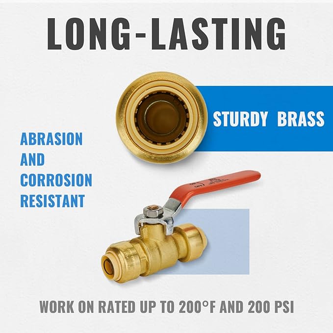 Shut Off Ball Valve 1/2 Inch, SUNGATOR 1/2 Inch Ball Valve, Push-to-Connect Water Shutoff, No Lead Brass Pushfit Plumbing Fittings for PEX Pipe, Copper, CPVC, Pack of 1