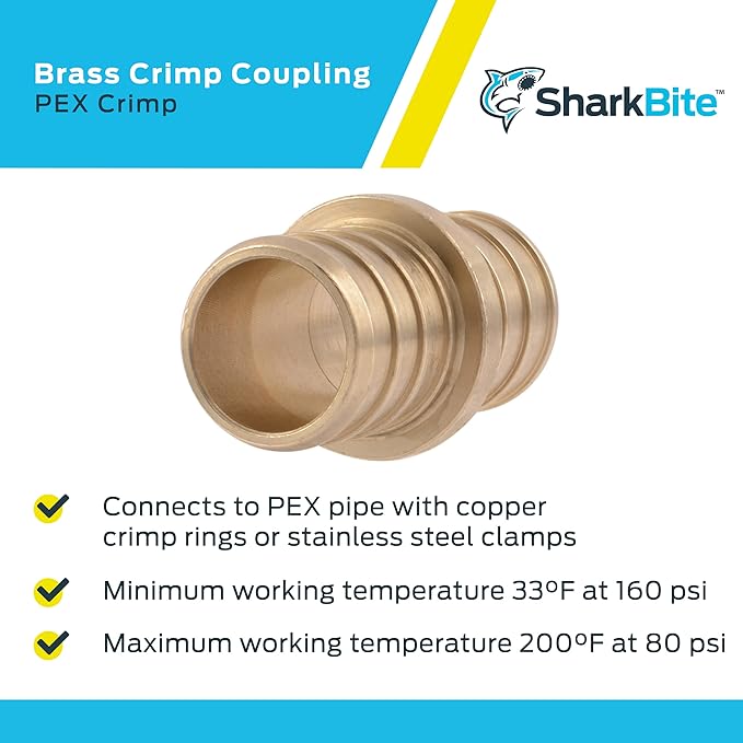 SharkBite 3/4 Inch Crimp Coupling, Brass Plumbing Fitting, PEX Pipe, PE-RT, UC016LFA