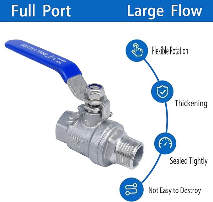 Full Port Ball Valve 1/2" NPT Heavy Duty Stainless Steel 304 Male x Female Thread For Water,Oil and Gas（1000WOG）