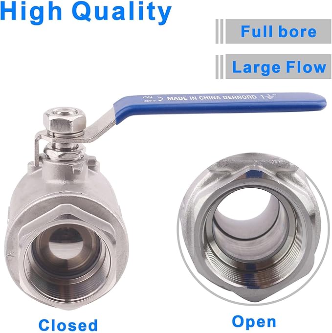 DERNORD Ball Valve Stainless Steel 304 1-1/2" NPT Heavy Duty for Water, Oil, and Gas with Blue Locking Handles (Pack of 2)