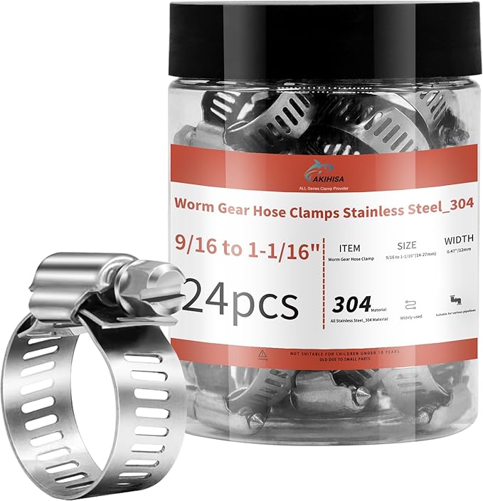24 Pack 9/16" - 1 1/16" Worm Gear Hose Clamps, Adjustable Range 14-27mm 304 Stainless Steel Fuel Line Hose Clamps for Pipe, Plumbing, Automotive and Mechanical Application
