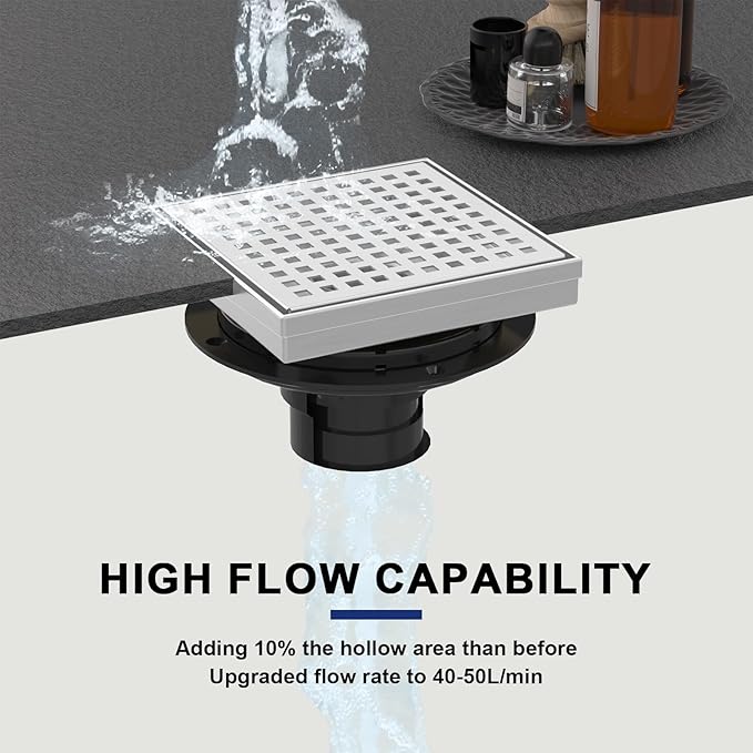 Square Shower Drain | 6 Inch AISI 304 Stainless Steel Shower Drain Kit with ABS Flange, Hair Strainer, Brushed Nickel Shower Floor Drain with Removable Grid Cover, in Bathroom, Kitchen, Balcony etc.
