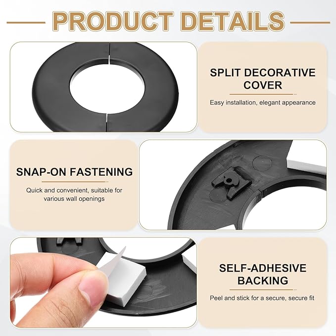 PATIKIL Wall Split Flange 130mm / 5.1" OD, 4 Pcs Round Escutcheon Plate Cover PPR Plumbing Cover Plates with Self-Adhesive Tape for 64mm / 2.5" Dia Water Pipe Faucet, Black