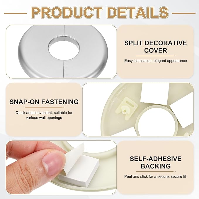 PATIKIL Wall Split Flange 85mm / 3.3" OD, 4 Pcs Round Escutcheon Plate Cover PPR Plumbing Cover Plates with Self-Adhesive Tape for 26.5mm / 1" Dia Water Pipe Faucet, Silver