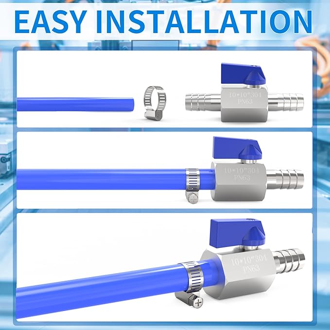 ChillWaves 304 Stainless Steel Mini Ball Valve, Shut Off Switch Ball Valve 3/8" Barb with Hose Clamp for Water、Gas、Fuel、Drip Irrigation and Aquariums(1-PACK)