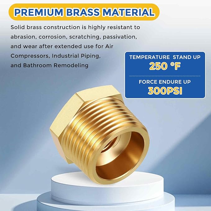 5 Pack Brass Pipe Fittings, 3/4" Male NPT to 1/4" FeMale NPT Brass Hex Bushing Reducer, Hose Tube Threaded Adapter for Air, Oil, LP