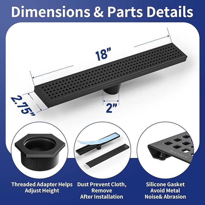 Linear Shower Drain 18", 304 Stainless Steel Floor Drain with Grid Drain Cover & Hair Strainer, Rectangular Shower Drain w/CUPC Certified, Matte Black