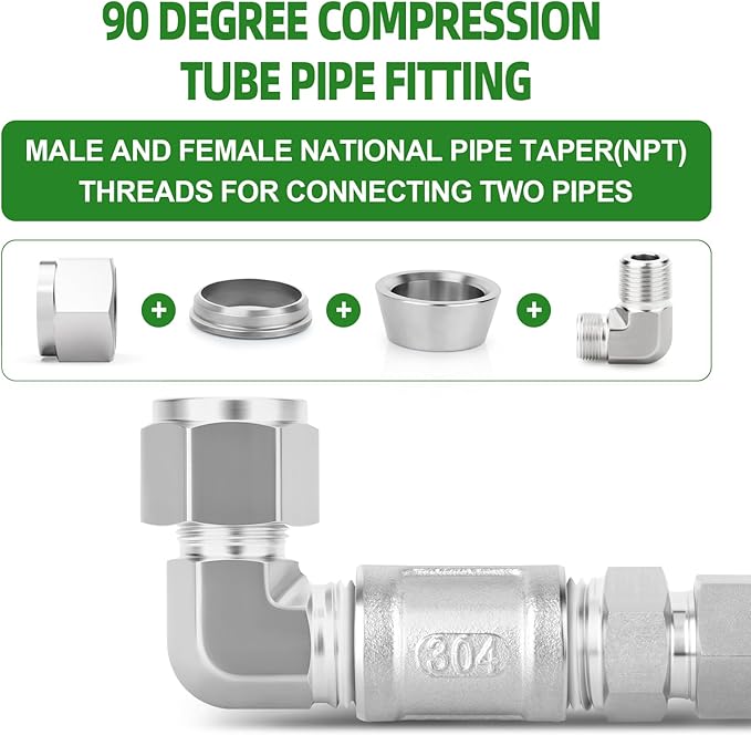 TAISHER 1PCS 316 Stainless Steel 90 Degree Compression Tube Pipe Fitting Connector, 3/8" Tube OD x 1/4" NPT Male Adapter