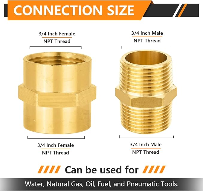 100-PCs HeSun Brass Pipe Fittings Combo, 50-PCs 3/4" NPT Male + 50-PCs 3/4" NPT Female Hex Nipple Adapter
